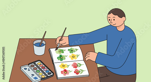 Person Painting Floral Designs In Watercolor Sketchbook At Table