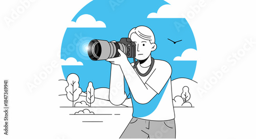 Professional Photographer Capturing Landscape In Nature Scene Outline Style