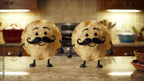 Two anthropomorphic chips with mustaches stand in a kitchen