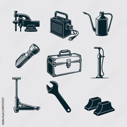 Set of vintage garage and workshop tool vector illustrations including toolbox, jack, and wrench