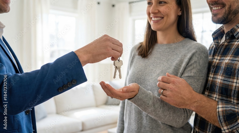 Fototapeta premium Smiling woman receiving house keys from real estate agent, with happy man beside her, in bright living room showcasing modern interior design and welcoming atmosphere