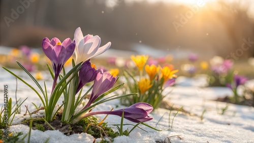 Spring Flowers - Crocus Blossoms On Grass With Sunlight

