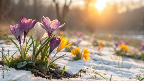 Spring Flowers - Crocus Blossoms On Grass With Sunlight
