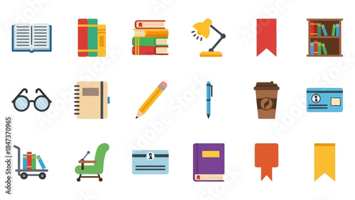 A collection of flat design icons representing various items associated with reading, studying, and library activities.