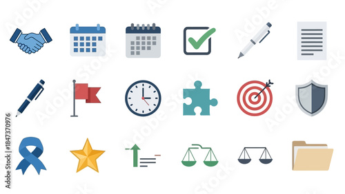 A collection of flat design business and legal icons representing planning, success, and agreement.