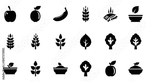 A collection of black silhouette icons depicting various fruits, grains, leaves, and food bowls, representing healthy eating and natural elements.