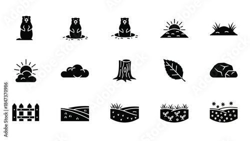 A collection of black silhouette icons depicting groundhogs, sunrises, clouds, tree stumps, leaves, rocks, fences, and various natural landscapes.
