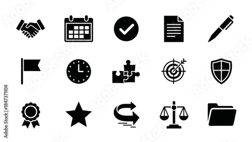 Collection of black silhouette business and management icons on a white background, representing concepts like agreement, planning, success, and security.