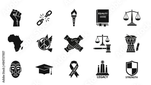 A collection of black and white icons representing African culture, social justice, equality, freedom, education, and heritage.