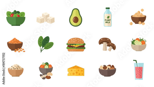 A vibrant collection of diverse healthy and plant-based food icons on a clean white background.
