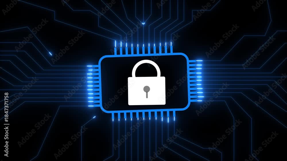 Secure digital network with glowing circuit board and padlock icon ...