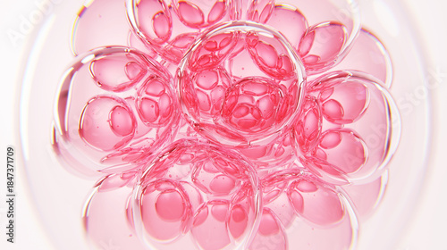 Abstract pink cosmetic serum bubbles forming molecular skin cell structure. Beauty skincare concept with hydration, collagen and hyaluronic science texture. Cosmetic technology and dermatology backgro