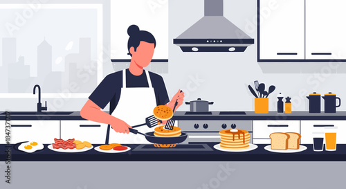 Woman Cooking Pancakes Breakfast Scene In The Kitchen Illustration