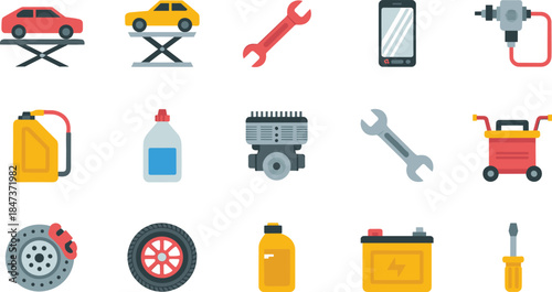 Car service and auto repair icon set featuring vehicle maintenance tools parts equipment flat vector illustration