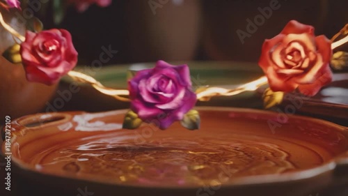 Beautiful brown plate with pink roses and tea cup