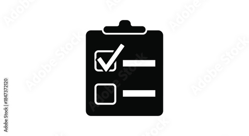 A black clipboard with a checkmark on a list representing task completion silhouette