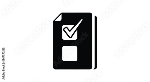 A minimalist black and white icon depicting a checklist with a completed item silhouette