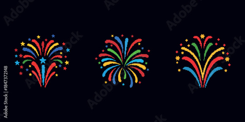 Retro style pixel art fireworks icon set, for New Year, holiday celebrations, party themes, game UI assets, mobile apps, banners and festive digital designs.