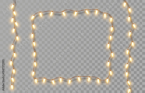 Rectangle, square garland of shine Christmas lights. Festive dangling string of yellow light bulbs on transparent background. Vector New Year party led lamps decoration, holiday design, event