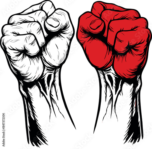 Raised fists symbolizing unity, resistance, power, and protest, illustration isolated on a white background