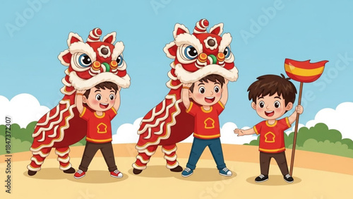 Three happy boys playing with traditional chinese lion dance heads outdoors on sunny day with blue sky and white clouds