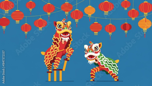 Vibrant chinese lion dance performance with red and orange lanterns on blue background for cultural festival