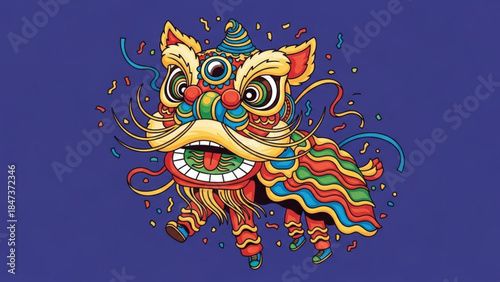 Vibrant colorful lion dance performance illustration with confetti on blue background celebrating chinese new year festivities with traditional dragon dance elements
