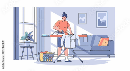 Woman Ironing Shirt At Home In A Modern Interior