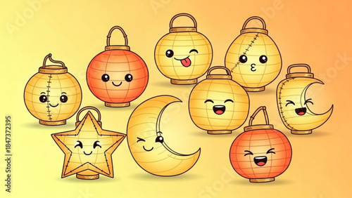A group of nine smiling lanterns with happy faces in various shapes and colors on a yellow and orange gradient background for festive decoration
