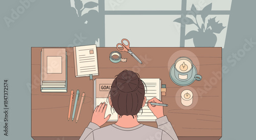 Woman Planning Goals In Her Journal On A Wooden Table