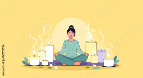 Woman Practicing Meditation Around Candles For Relaxation And Wellness