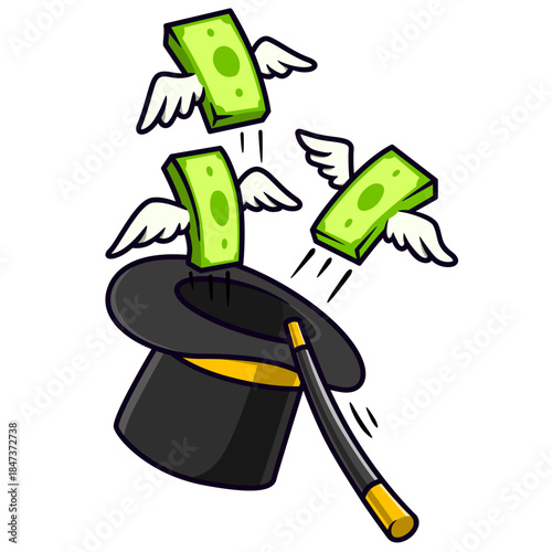 Money flying from hat cartoon illustration