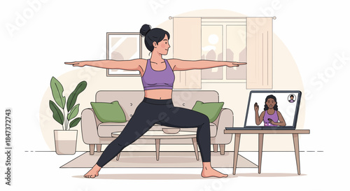 Woman Practicing Warrior Pose During Virtual Fitness Class At Home