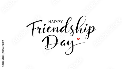 Minimalist Friendship Day typography featuring elegant handwritten calligraphy text with a subtle heart accent. Clean white background design suitable for greeting cards, posters, social media, and pr
