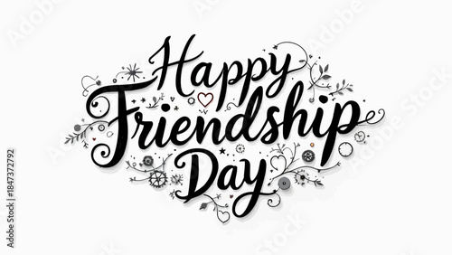 Minimalist Friendship Day typography featuring elegant handwritten calligraphy text with a subtle heart accent. Clean white background design suitable for greeting cards, posters, social media, and pr