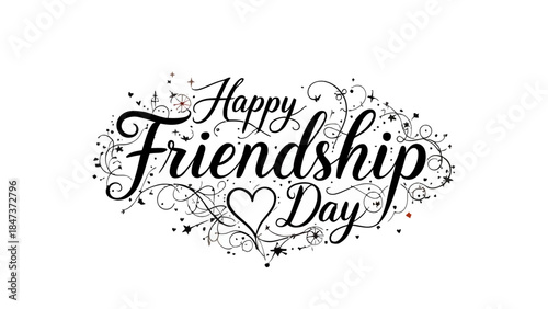 Minimalist Friendship Day typography featuring elegant handwritten calligraphy text with a subtle heart accent. Clean white background design suitable for greeting cards, posters, social media, and pr