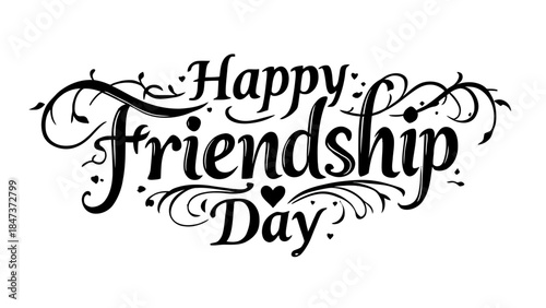 Minimalist Friendship Day typography featuring elegant handwritten calligraphy text with a subtle heart accent. Clean white background design suitable for greeting cards, posters, social media, and pr