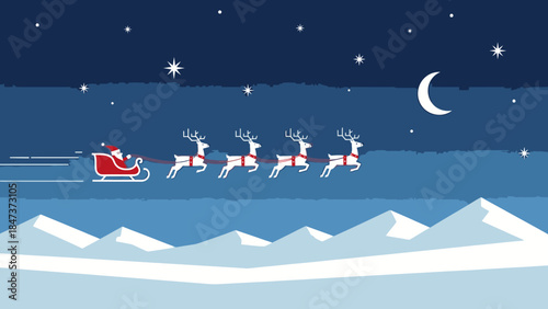 Illustration of Santa's sleigh with reindeer flying across a starry night sky on Christmas Day over snowy mountains.