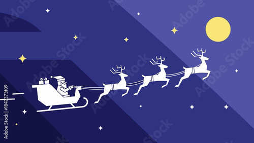 A silhouette of Santa's sleigh and reindeer flies across a starry night sky on Christmas Day with a full moon.