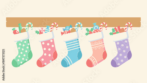 Colorful Christmas stockings hang from a mantle on Christmas Day with candy canes and a festive holiday theme.