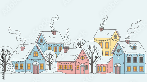 Colorful illustration of a snowy neighborhood on Christmas Day with smoke rising from chimneys and snow-covered trees.