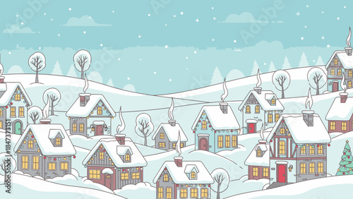 Illustration of a snowy village on Christmas Day with colorful houses and trees under a light blue sky with snowflakes.