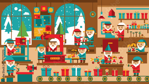 Flat lay illustration of cheerful elves working on Christmas Day in a toy workshop with a train, presents, and festive decorations.