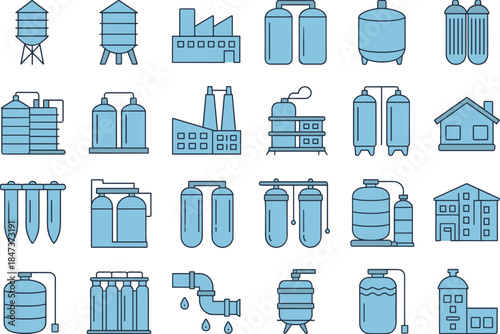 Water treatment and industrial purification icons set featuring tanks pipelines factories filtration systems clean water vector illustration