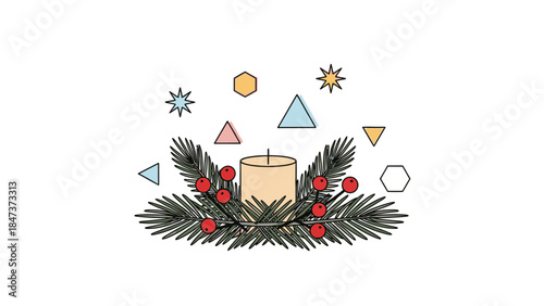 A festive Christmas Day decoration featuring a candle surrounded by pine branches, red berries, and colorful geometric shapes on a white background with a joyful mood.