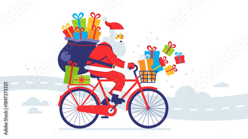 Illustration of Santa Claus riding a red bicycle loaded with colorful gifts on Christmas Day against a white background with subtle grey road details.