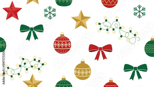 A festive arrangement of Christmas ornaments, bows, and stars scattered across a white background on Christmas Day with a joyful and celebratory mood.