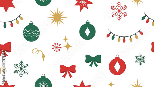 Colorful Christmas decorations scattered on a white background, featuring ornaments, bows, snowflakes, and lights on Christmas Day.