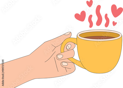 Hand holding hot coffee cup illustration with steam and hearts cozy warm drink love comfort flat vector design