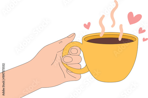 Hand holding hot coffee cup illustration with steam and hearts cozy warm drink love comfort flat vector design
